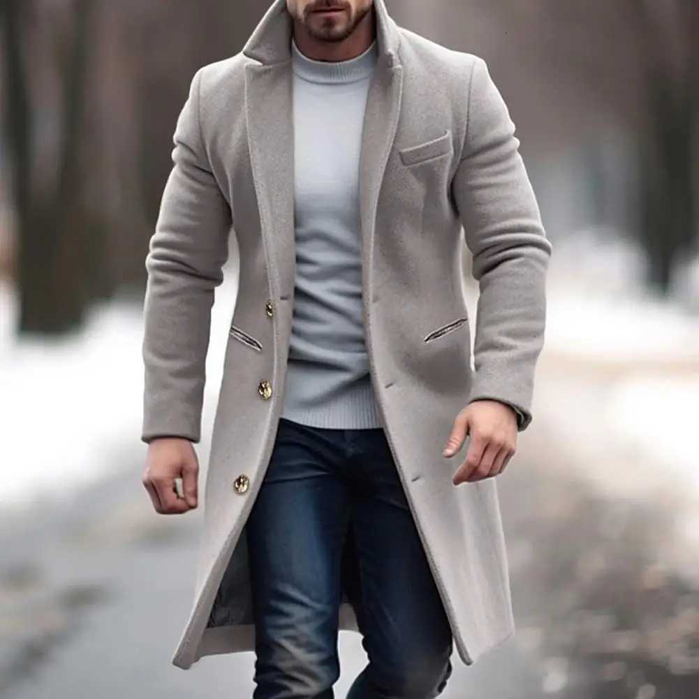 Woolen Coat Men Jacket Elegant Mens Woolen Coat With Lapel Pockets Single Breasted Long Sleeve Jacket Solid Color For WinterXJ250827