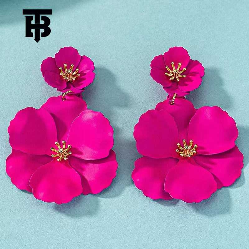 Pink Flower Dangle Earrings, Japanese-Korean Style Floral Two-Piece Set with Green Shell Stones, Silver-Plated Stainless Steel and Silicone, Heart D