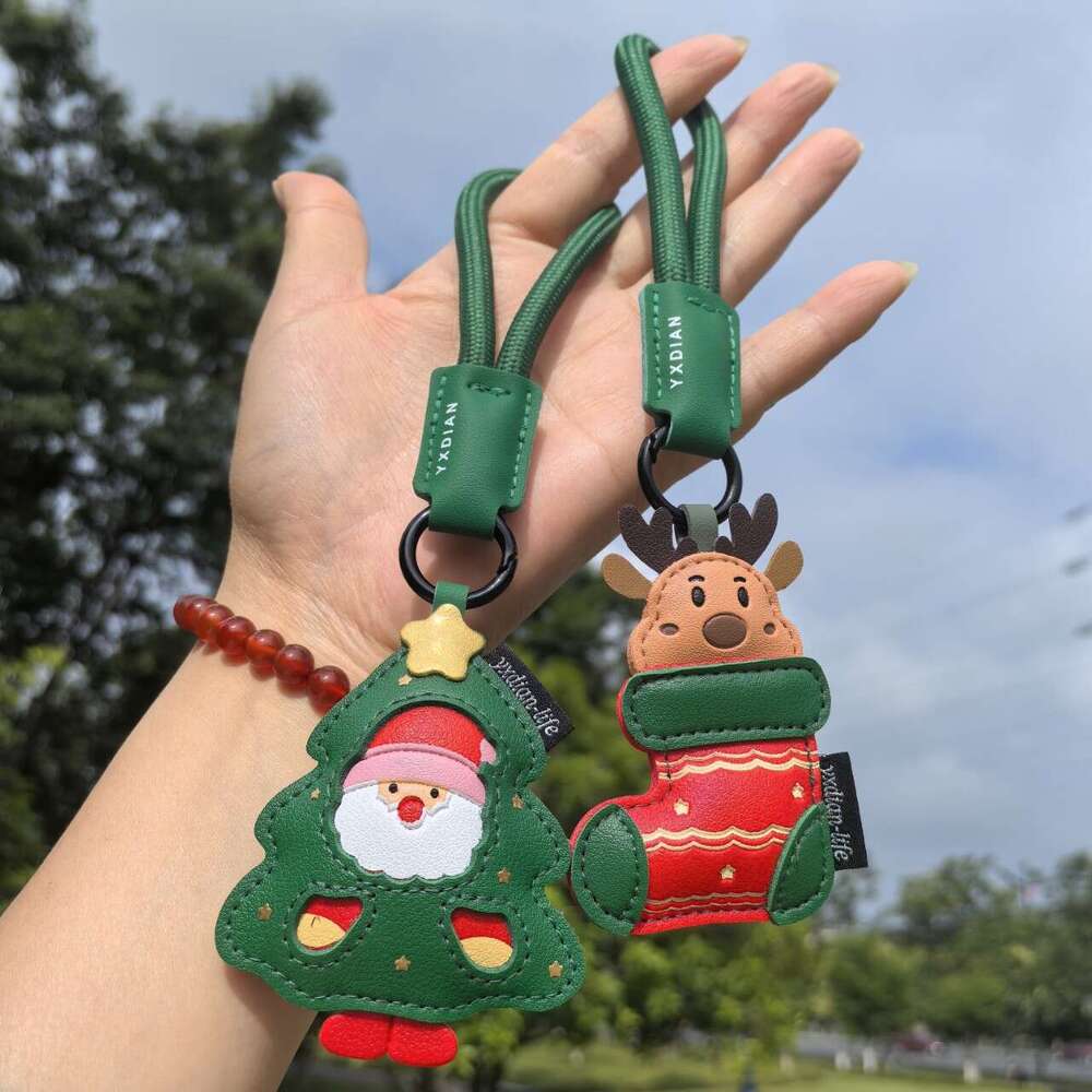 Creative Christmas Tree Sock Pendant for Boys and Girls Cute Green PU Leather Backpack Cartoon Car Keychain