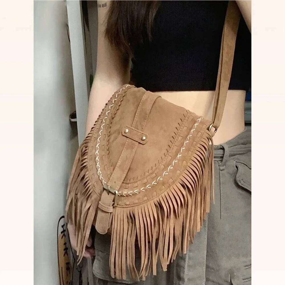 Designer Bags Suede Tassel Khaki Boho Retro Crossbody Versatile Ethnic Style Shoulder Bag Women Luxury Bag