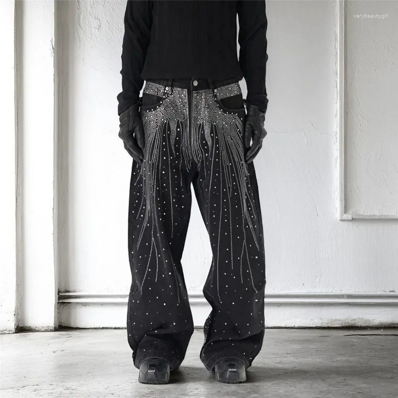 Men's Jeans Autumn Winter High Street Denim Pants Retro Full Diamond Stamping Hip-hop Loose Straight Leg Wide Streetwear