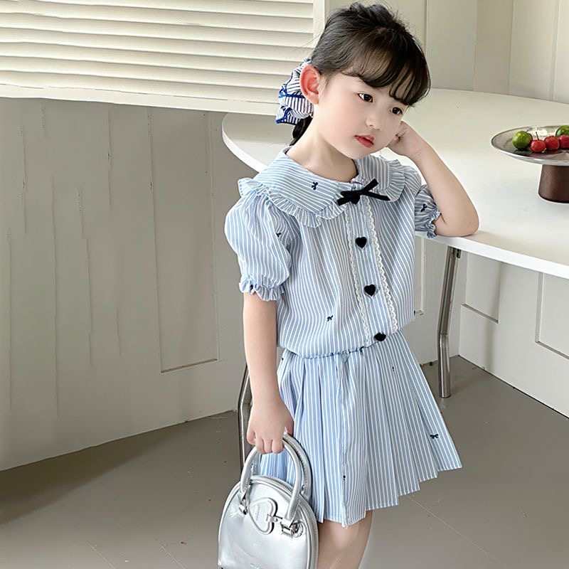 D259 Girls summer short-sleeved suit 2025 new children&#039;s summer clothes college style casual striped children&#039;s summer two-piece suit-image-1072826566