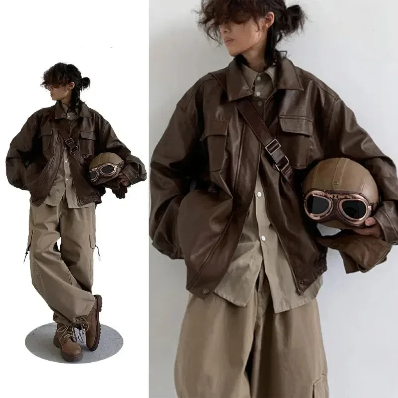 Autumn Japanese neutral retro PU leather motorcycle jacket loose faux coat double chest pocket lapel couple 250827