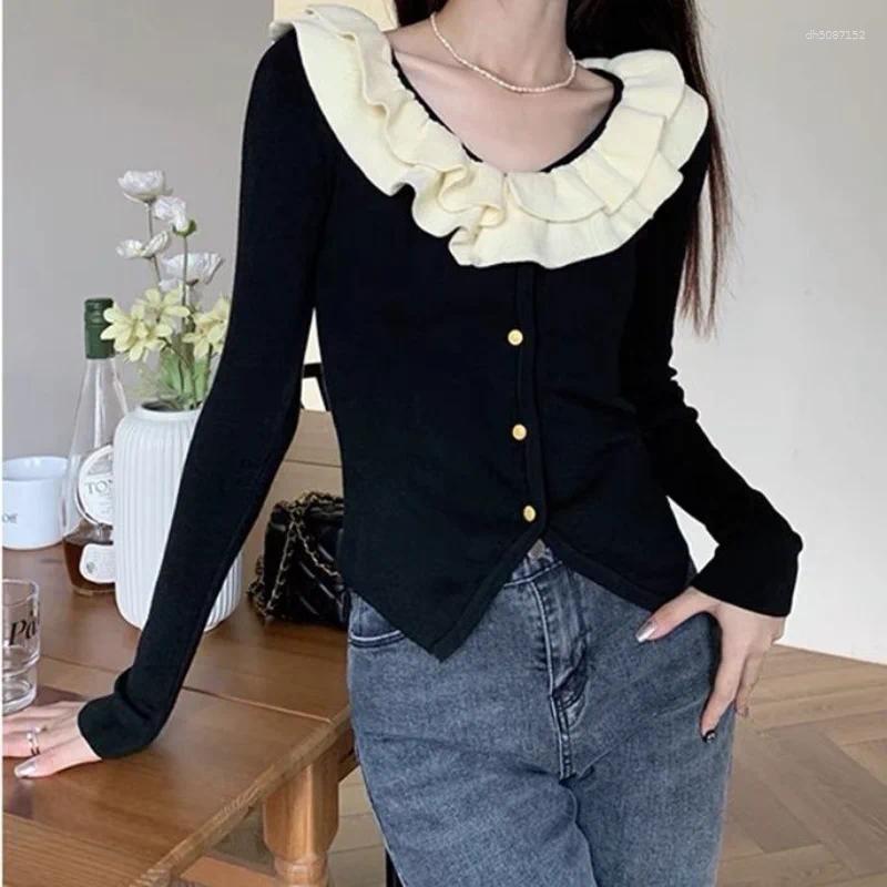 Women's Sweaters Lotus Leaf Neck Long-sleeved Top For Women Autumn Winter Slim French Temperament Knitted Cardigan
