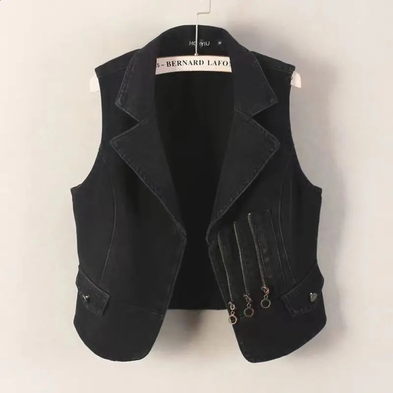 Black denim vest womens short and slim outer wear early autumn sleeveless coat black suit collar zipper for women 250823