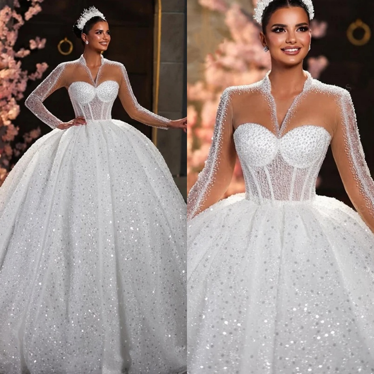 Sparkly Ball Gown Wedding Dresses V Neck Long Sleeves Bridal Gowns Sequins Beaded Sweep Train Princess Marriage Gowns Custom Made