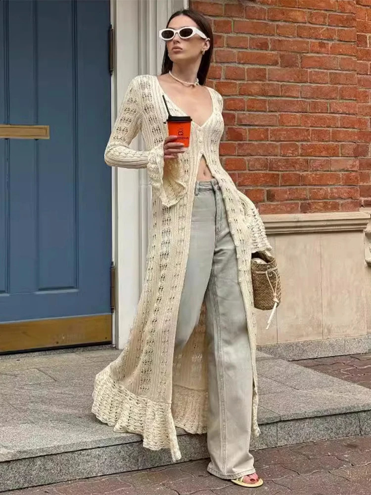 Trendix Deep V Neck Long Cover Up Dress Women Sexy Hollow Elegant Cardigan Dresses Autumn Winter Street Casual Knit 250827
