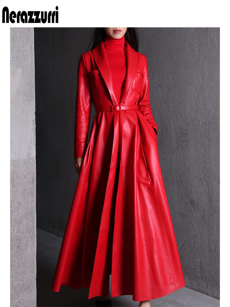 Nerazzurri High Quality Red Black Maxi Pu Leather Trench Coat for Women Extra Long Skirted Elegant Overcoat Fashion 5xl 6xl 7xl 250827