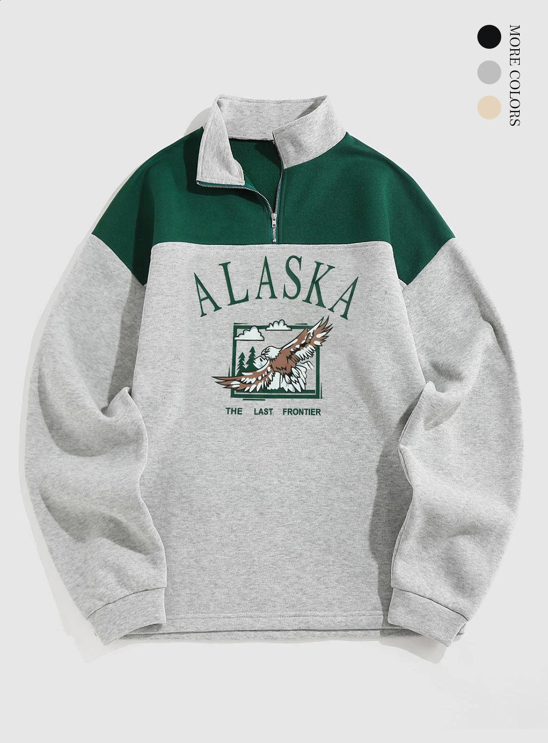 Mens Vintage ALASKA Graphic Eagle Printed Colorblock Fleece Quarter Zip Sweatshirt 250818