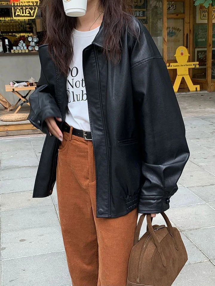 Jmprs Vintage Women Pu Jacket High Street Techwear Oversize Faux Leather Moto Biker Coats Bf Punk Casual Cropped Outerwear 250827