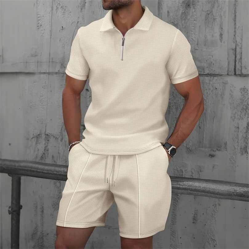 2025 Men Europe and the United States summer Waffle solid color zipup lapel shortsleeve suit shorts two sets250826ww