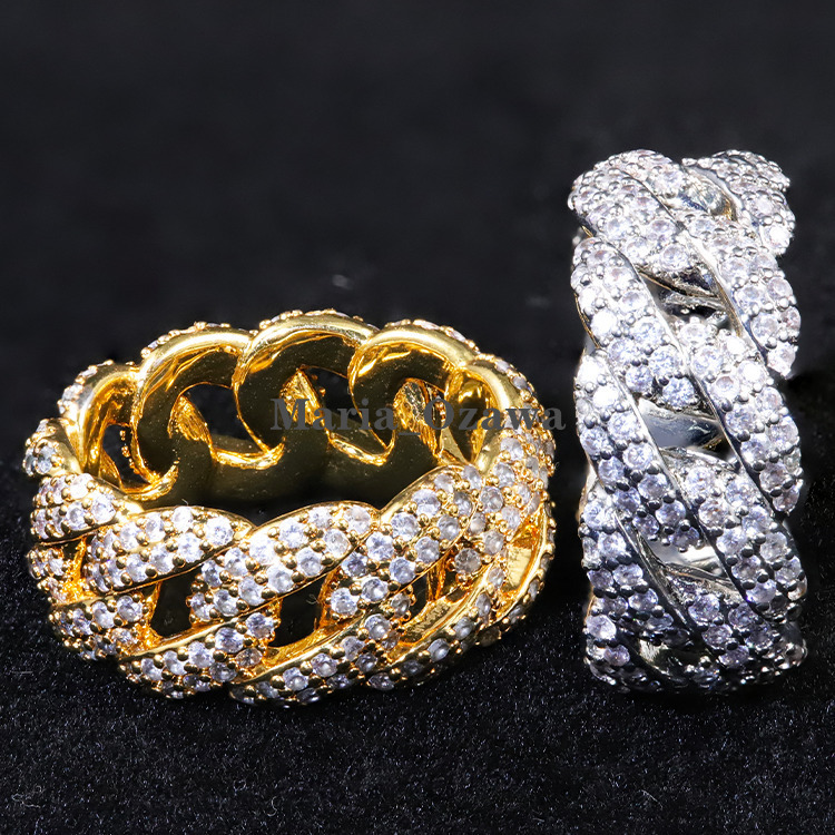Hot Selling Fine Jewelry 18k Gold Plated 925 Sterling Silver Hip Hop Iced Out 2Row Vvs Moissanite Diamond Cuban Link Ring