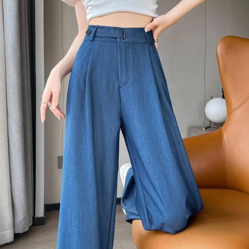 Spring Summer Vintage Loose Womens Wide Leg Full Length Pant High Waist Button Female Elegant Straight Casual Trousers 250827