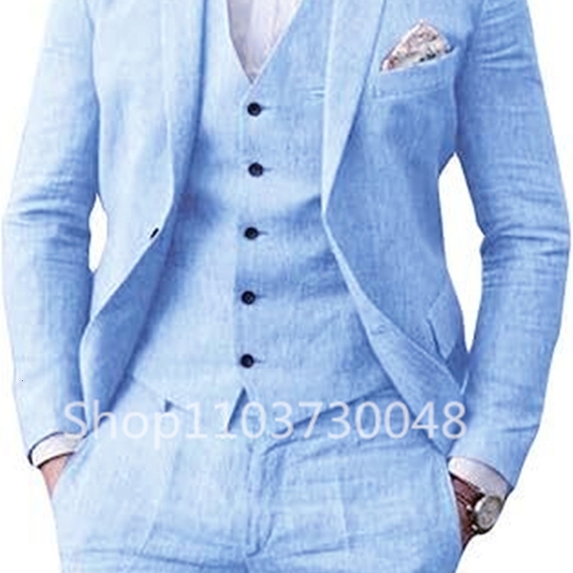 Elegant Beige/Blue Linen Men Suits Casual Single Breasted Slim Fit Blazer Vest Pants High Quality 3 Piece Summer Wedding Suits250826