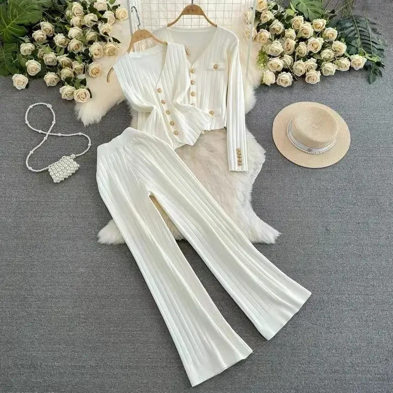 Fashionable Long Sleeve Suit Knit Sweater LooseFit Stand Collar Spring Autumn TwoPiece Set China Mainland Origin 250826