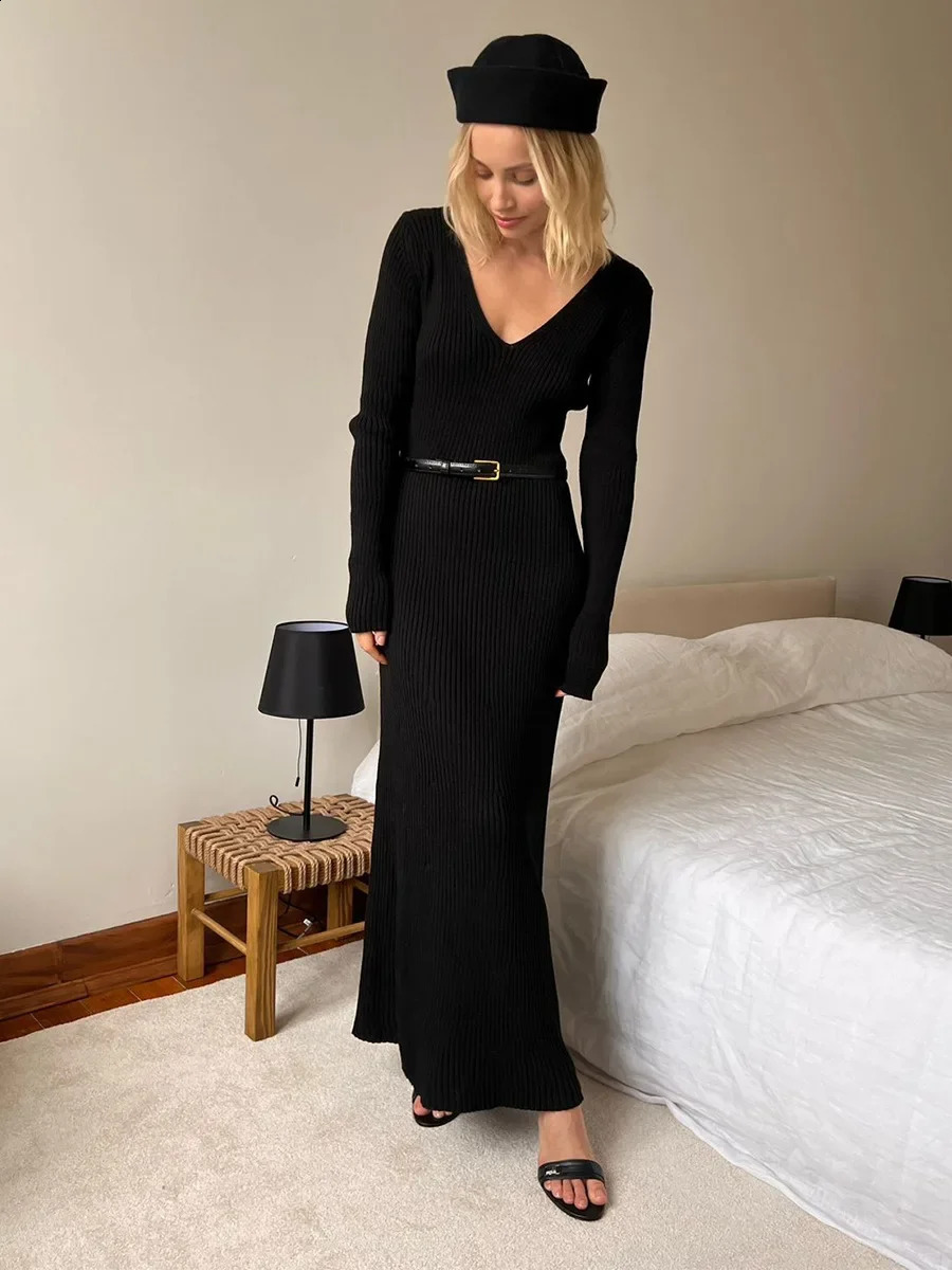 Blubelle Womens Solid Color Long Sleeve Vneck Slim Bodycon Knitted Maxi Dress Trendy Elegant Fashion Dresses 250827