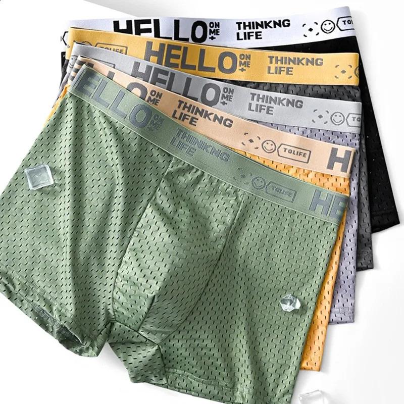 6 pieces of mesh ice silk boxing shorts for mens underwear breathable sexy slim fit and seamless flat corner pants plus size4XL250826
