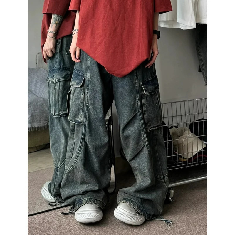 American Vintage High Waist Straight Blue Jeans Womens Casual Street Pants Baggy Y2K Wide Leg Grunge Washed Denim Trouser 250827