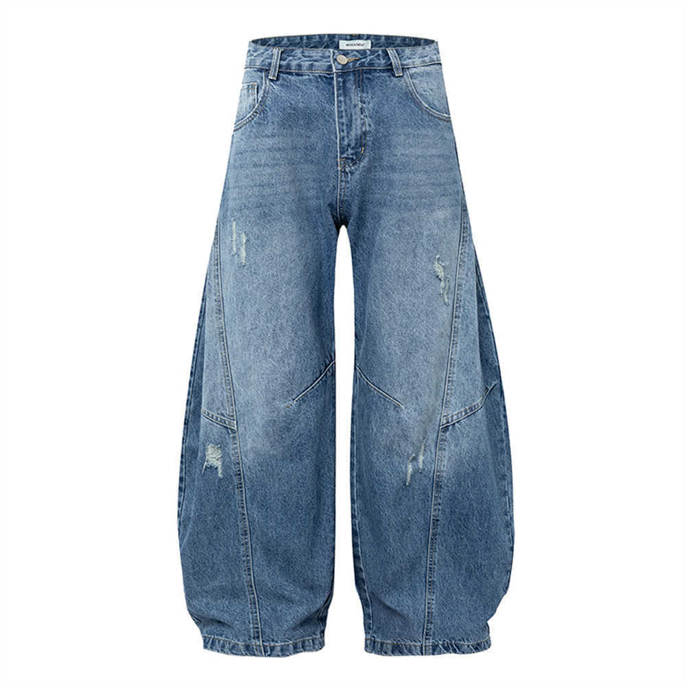 Ripped Loose Wideleg Washed Denim Scimitar Pants Unique Design Gradient Vintage Deconstructed Patchwork Long for Men