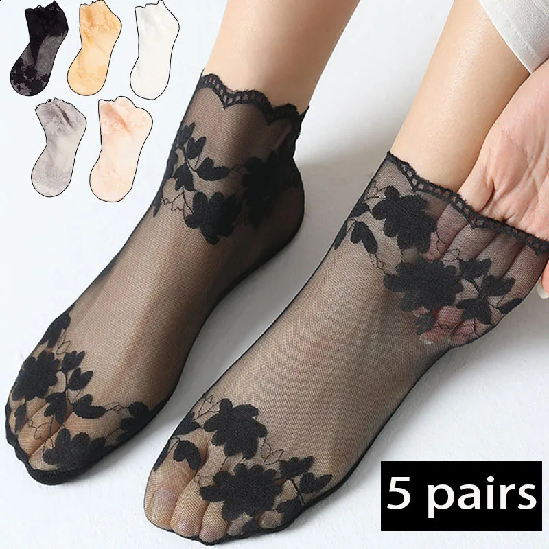 5Pairs Women Socks Summer Breathable Elastic Ladies Thin Leaves Boat Sock Thin Transparent Lace Invisible Sox Lolita Sokken250827