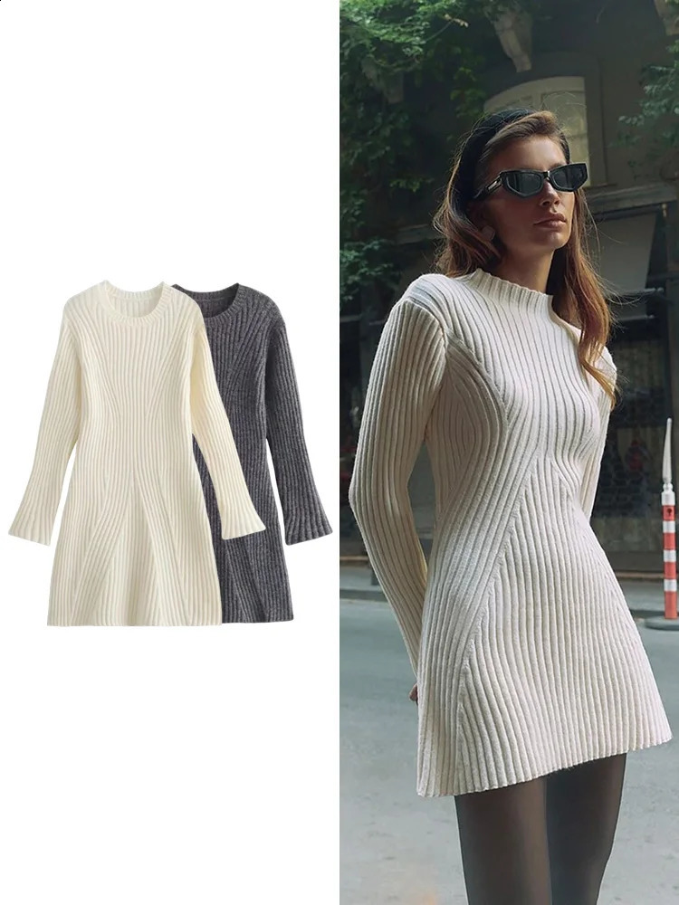TRAF Womens Ribbed Knit Long Sleeve Dresses Autumn and Winter Texture Slim Bottom Sweater Dress Temperament 250827