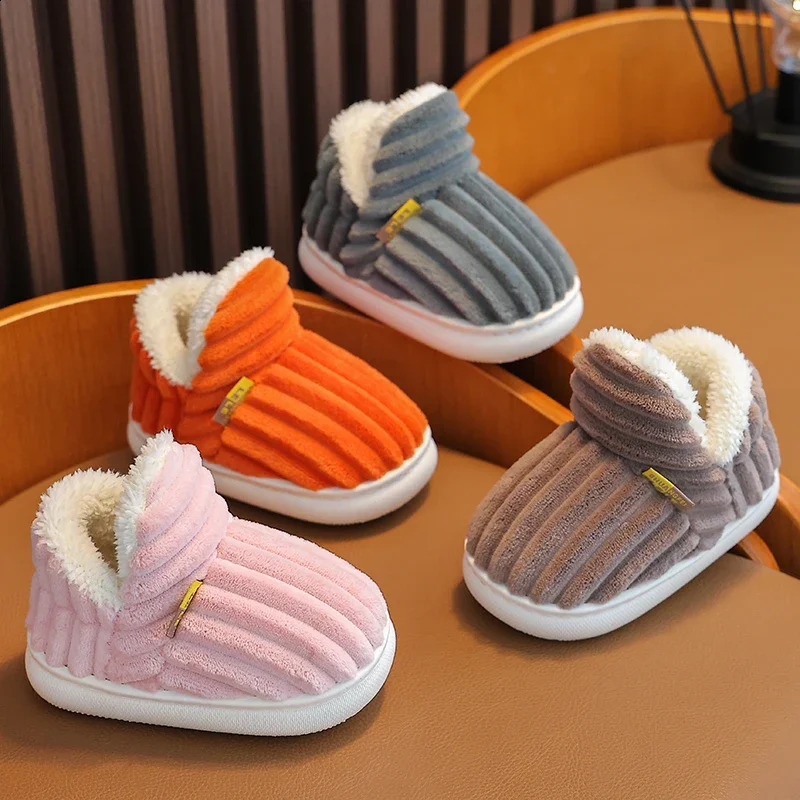 Winter Simplicity Stripe Plush Slippers Childrens Nonslip Soft Sole Kids Boys Girls Heel Wrap Warm High Home Cotton Shoes250826