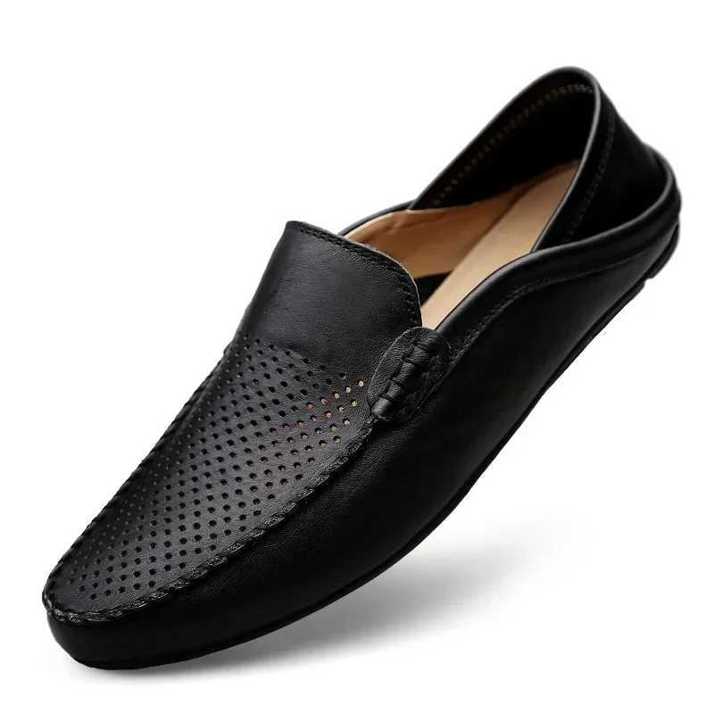 italian Summer Hollow Shoes Men Casual Luxury Brand Genuine Leather Loafers breathable mens boat shoes sliponXJ250827