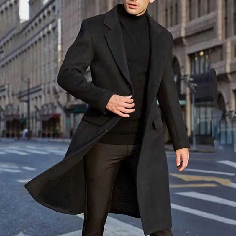 Autumn Winter Mens Wool Coat Solid Long Sleeve Woolen Jackets Fleece Men Overcoat Streetwear Fashion Long Trench Coat OuterwearXJ250827