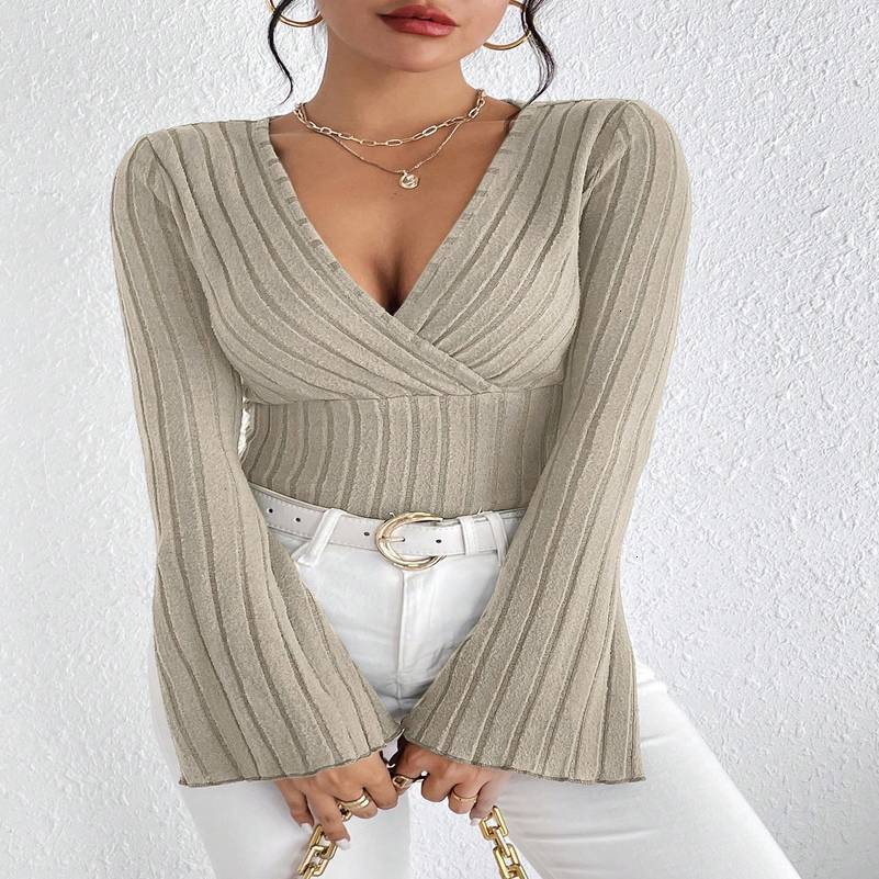 Womens Fall and Winter Longsleeved Tops Vneck Sexy Slim Striped Tshirt Knitted Bottoming Shirt w250826