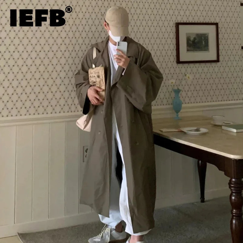 IEFB Mens Windbreaker Lapel Solid Color Casual Korean Style Oveknee Overcoats Double Breasted Loose Male Trench Simple 9W2482 250827BJ