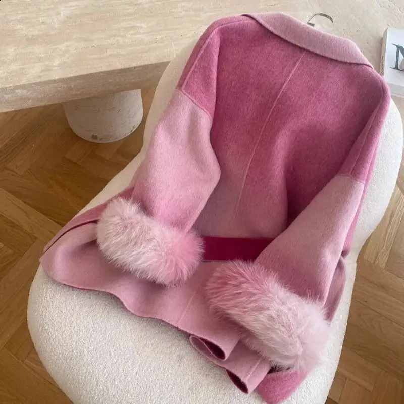 Winter Jacket Women Real Natural Fox Fur Cuffs Wool Blends Gradient Color Thick Warm Fashion Outerwear Streetwear 250919