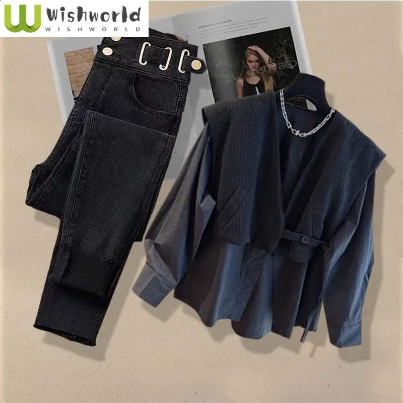 Spring and Autumn Fashion Womens Set Two Piece Korean Edition Shirt Look Thin Versatile Jeans 250827