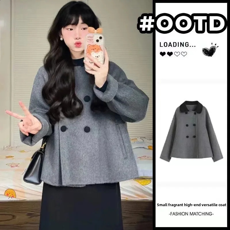 Plus Size Gray Short Thickened Woolen Coat Womens Autumn Winter Plaid Collar Korean Hepburn Style Color Block Outerwear for ... 250826