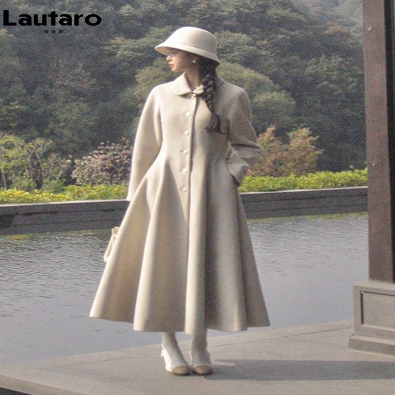 Lautaro Winter Long Wool blends Coat for Women Chic Elegant High Quality Womans Clothing Skirted Woolen Overcoat 250826