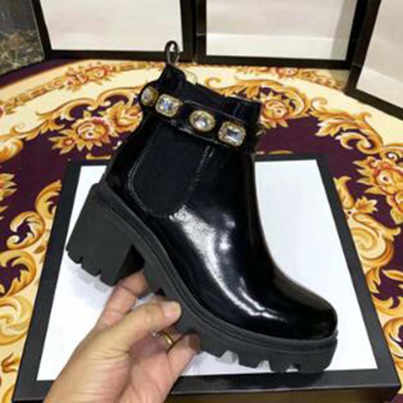 Womens Leather ankle boots with Diamond strap Ribbon Belt Buckle Ankle Boots Factory Direct Female Rough Heel Round Head shoes High Quality 8.26 02