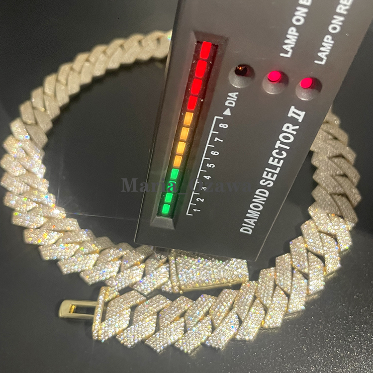 Custom 925 Solid Silver Necklace for Men 19mm Wide with D Color Moissanite Diamond 4 Rows and Cuban Link Chain Hiphop Style