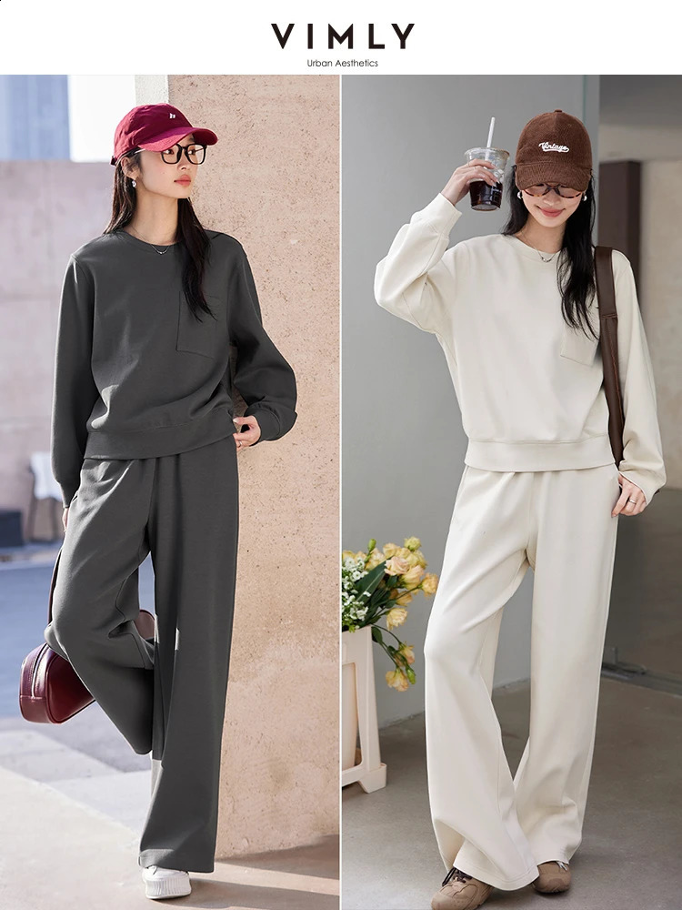 VIMLY 2 Piece Sweat Pant Set Woman Casual Outfit Spring Autumn Loose Sweatshirt Wide Leg Pants Female Clothing Sets A0670 250826