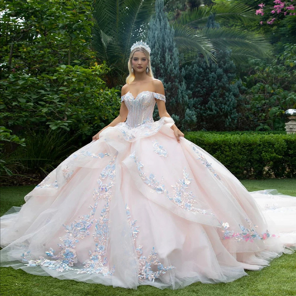 Sweetheart Elegant Princess Tulle Quinceanera Dresses Off the Shoulder Ball Gowns Appliqued Birthday Party Sweet 16 Customized