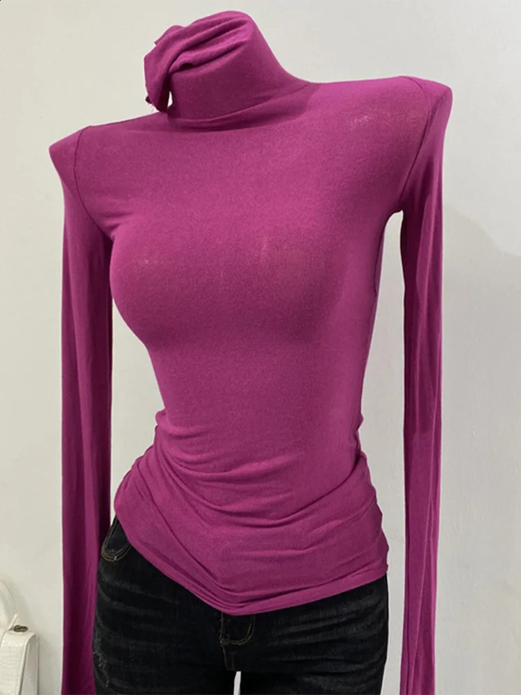 Thin Soft American Long Sleeve Tshirt High Stacked Neck Tight Perspective Bottom Shirt Womens Slim Fit Tops Sexy Streetwear 250826