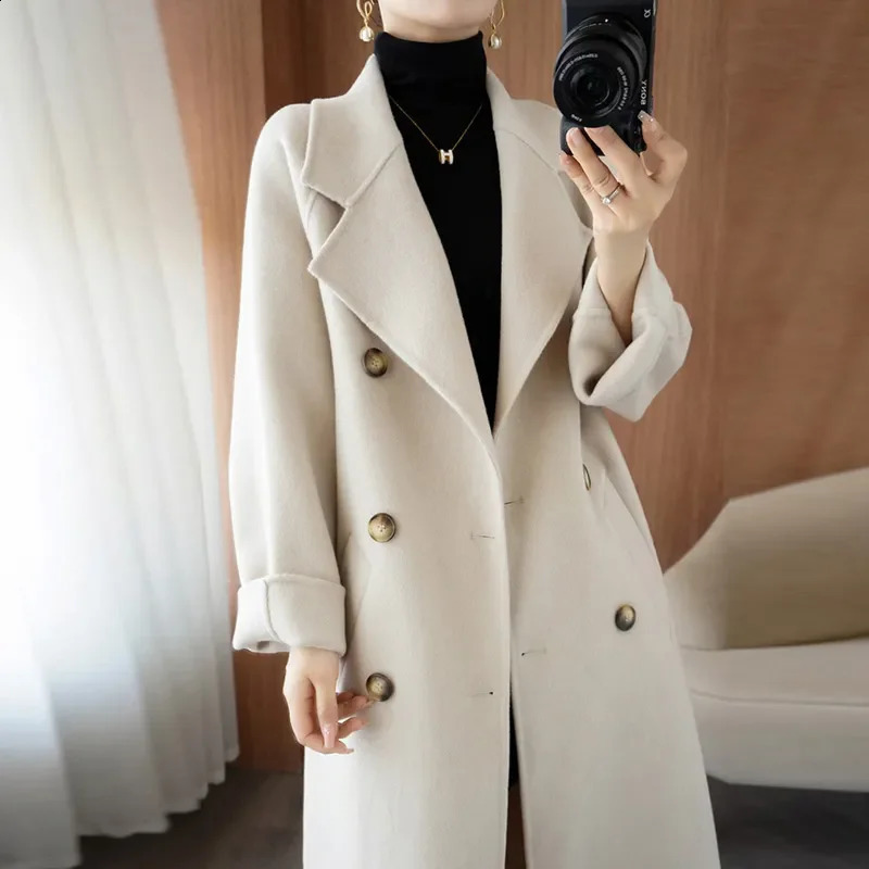 100% Pure Woolen DoubleSided Cashmere Coat Women Autumn Winter DoubleBreasted Long Wool Jacket Female Loose Overcoat B572 250826