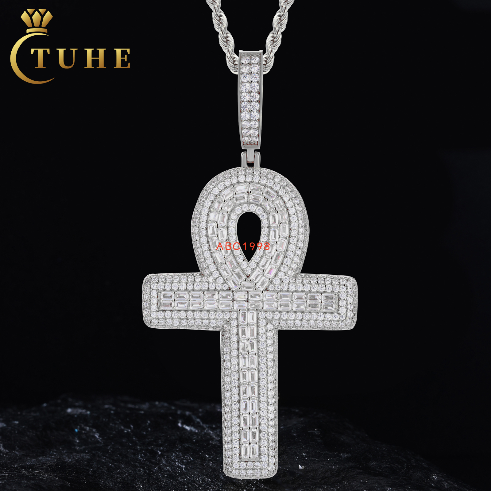 Hip Hop RapperJewelry Custom 925 Sterling Silver Baguette Vvs Moissanite Diamond Iced Out Ankh Cross Pendant