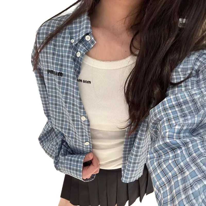 Women's Blouses & Shirts designer 2025 Spring Summer New College Style Vertical Striped Blue Plaid Shirt for Women B44K
