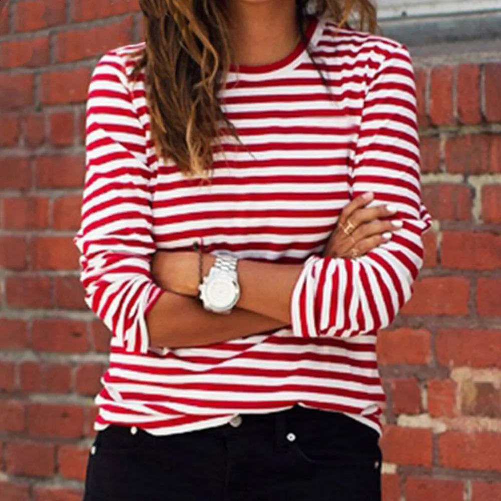 Doury Women Red White Striped Long Sleeve TShirts Loose Casual Shirt Female Basic ONeck Tops Tee Autumn Pullovers 250826