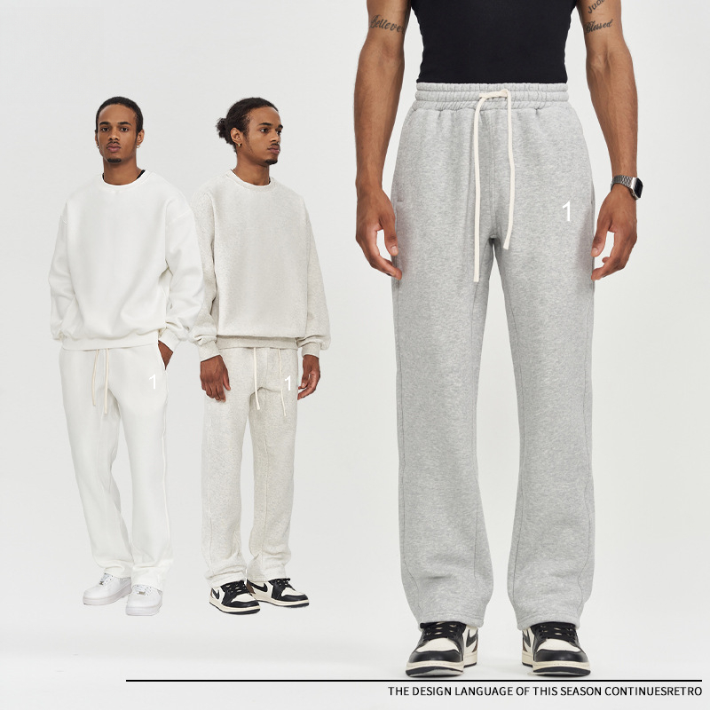 Men Sweatpants Street Trendy Jogger Plush Loose Trousers Drawstring Casual Straight Wide Leg Long Pants American Street Trendy
