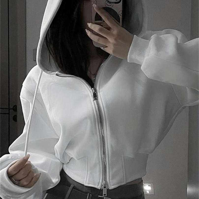 Casual Short Hooded Sweatshirt Women Zip Up Hoodies Mujer Solid Harajuku Long Sleeve Slim fit Crop Top Female Jackets Coat250826