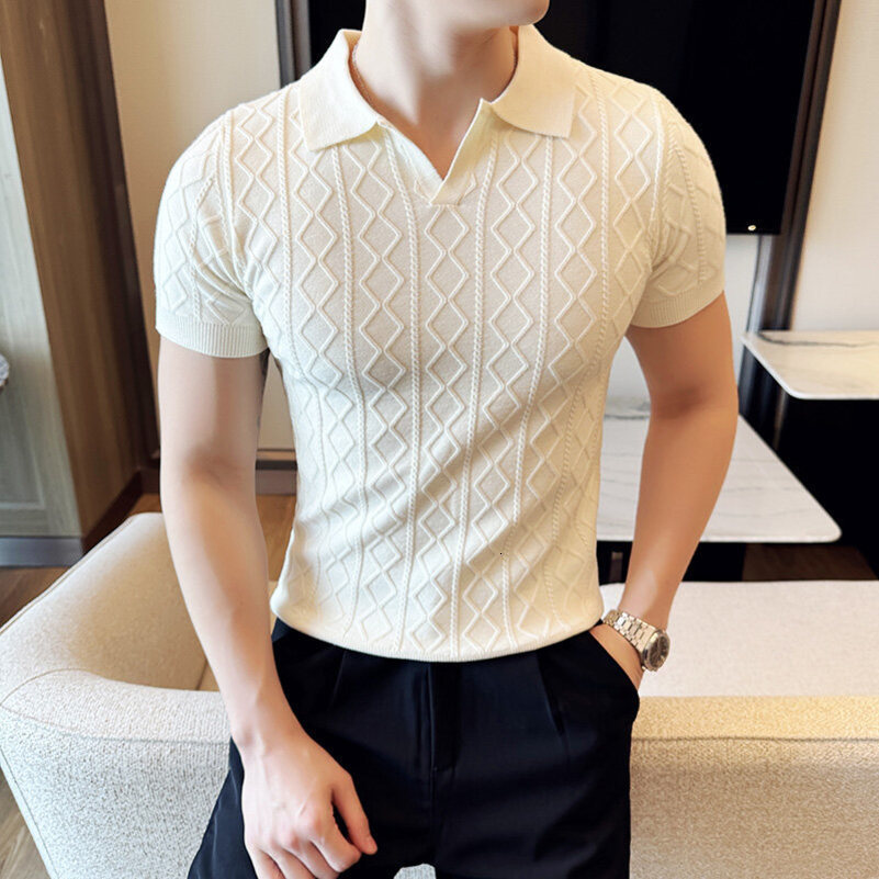Spring Summer Mens Polo Collar Slim Fit Jacquard Knit Sweater Stylish Base Layer in Beige Brown Gray Black 250826