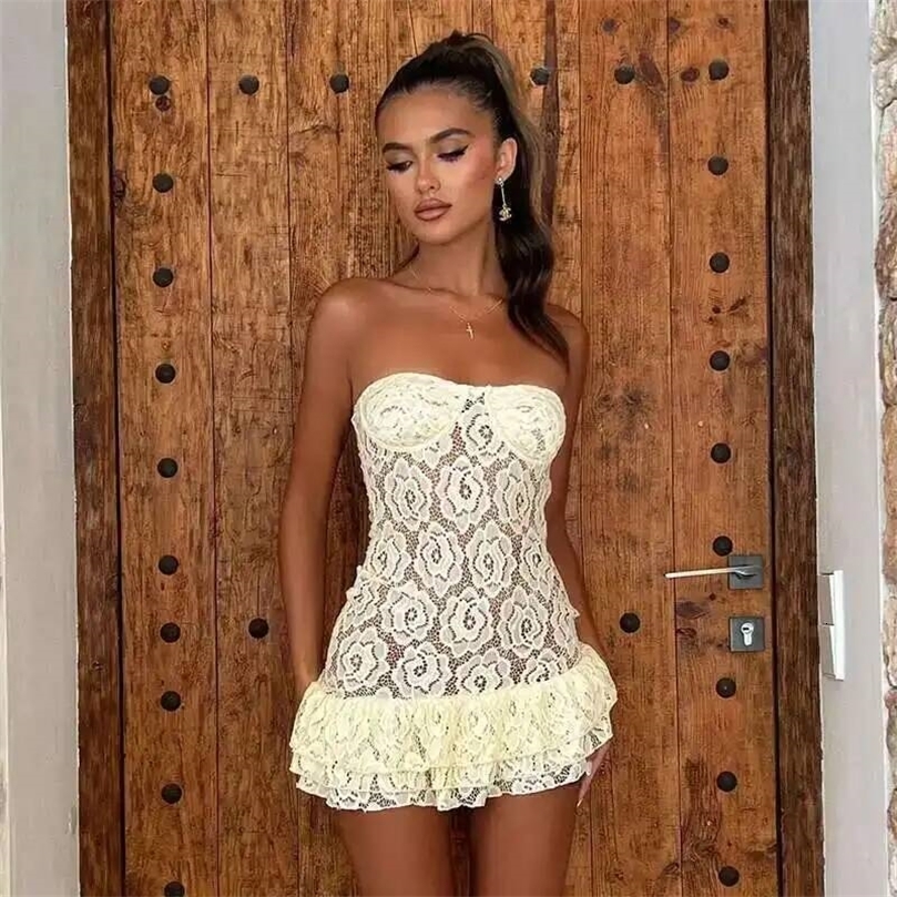 Avrilyaan Lace Perspective Strapless Short Sexy Dress Women 2024 Elegant Party Dress Backless Bodycon Mini Summer Dress Vestidosww250826