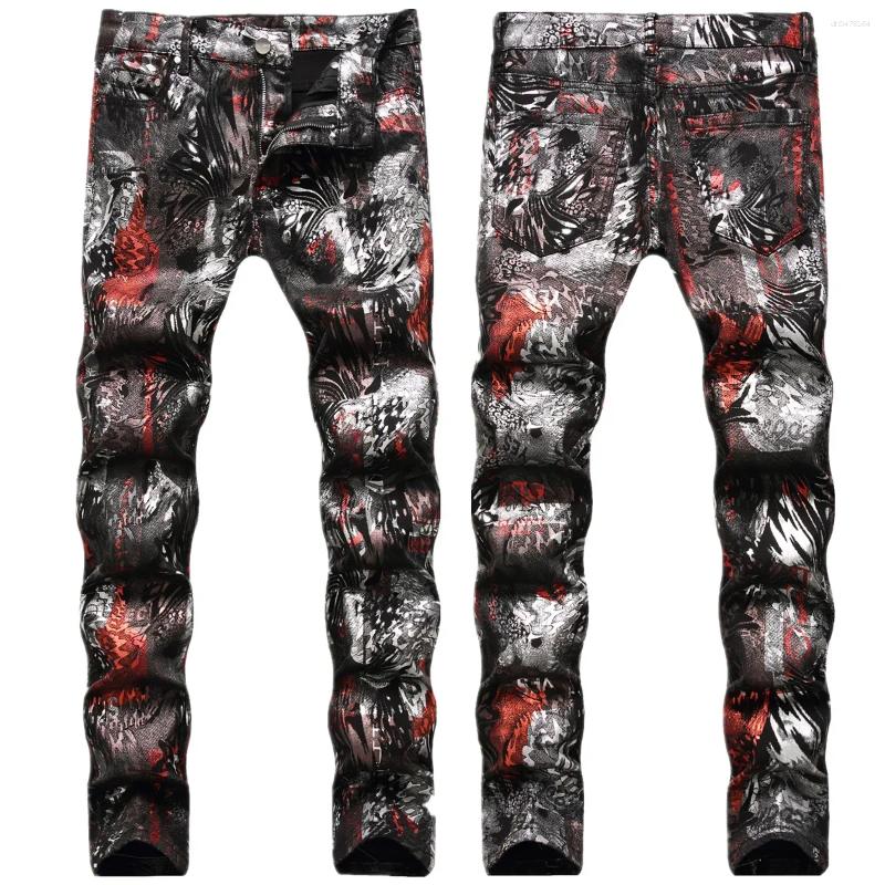 Men's Jeans Black Small Feet PU Slim Fit Print Casual Punk Hip Hop Fashion Pants Four Seasons