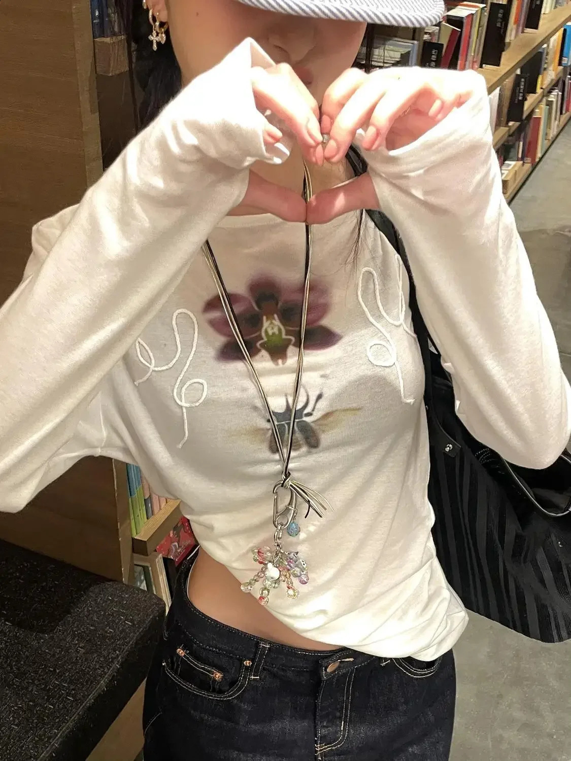 Onalippa Fashion Printed Lazy Style Off Shoulder Tshirt Slightly Transparent Round Neck Long Sleeved Base Top 250826