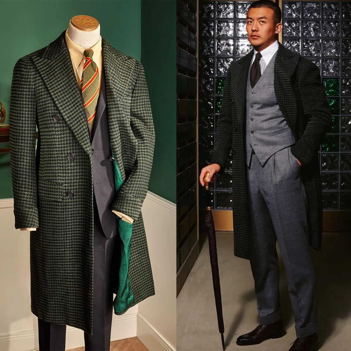 Houndstooth Men Long Coat Overcoat Double Breasted Green Warm Woolen Pockets Business Casual Daily TailoredXJ250827